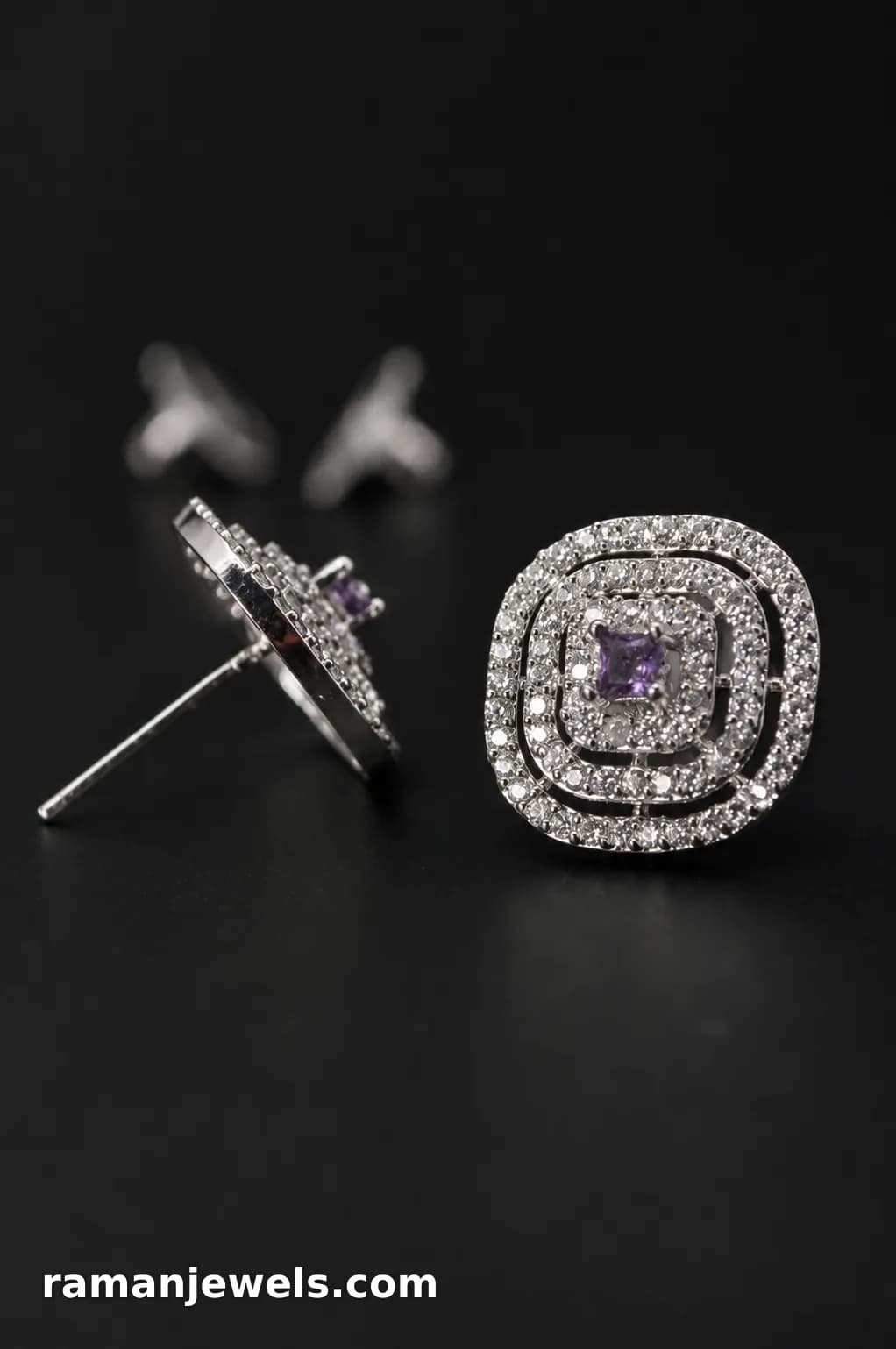 Silver-Plated Geometric Ad Stud Earrings Princess-Cut Purple Cubic Zirconia (Cz) Center Stone alternate view
