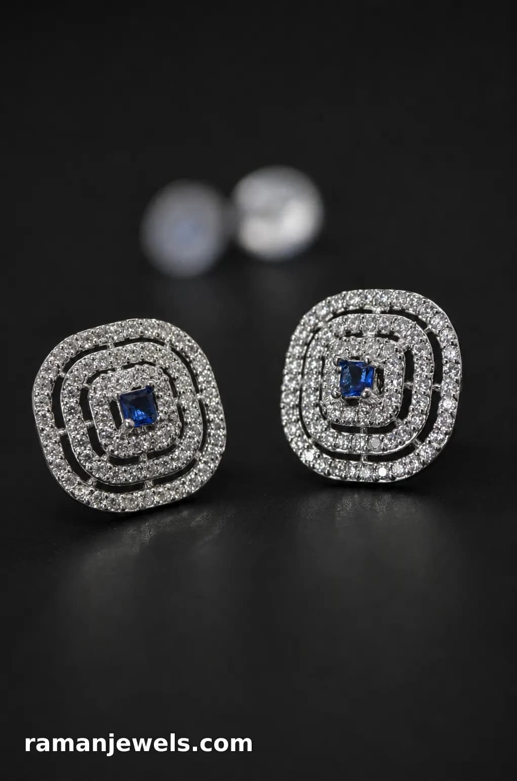 Silver-Plated Geometric Ad Stud Earrings, Royal Blue Cubic Zirconia (Cz) Center Stone alternate view