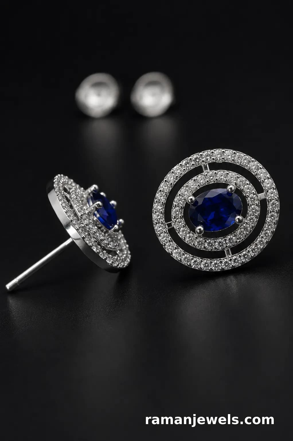 Silver-Plated Round Halo Ad Stud Royal Blue Oval-Cut Cubic Zirconia (Cz) Center Stone alternate view