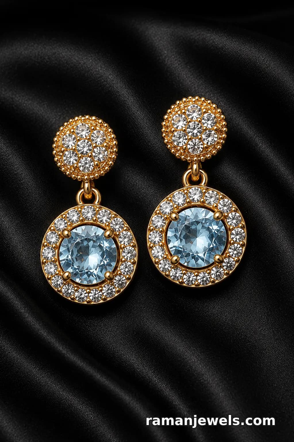 Gold-Plated Drop Earringsdesigned With A Dazzling Sky-Blue Center Stone alternate view