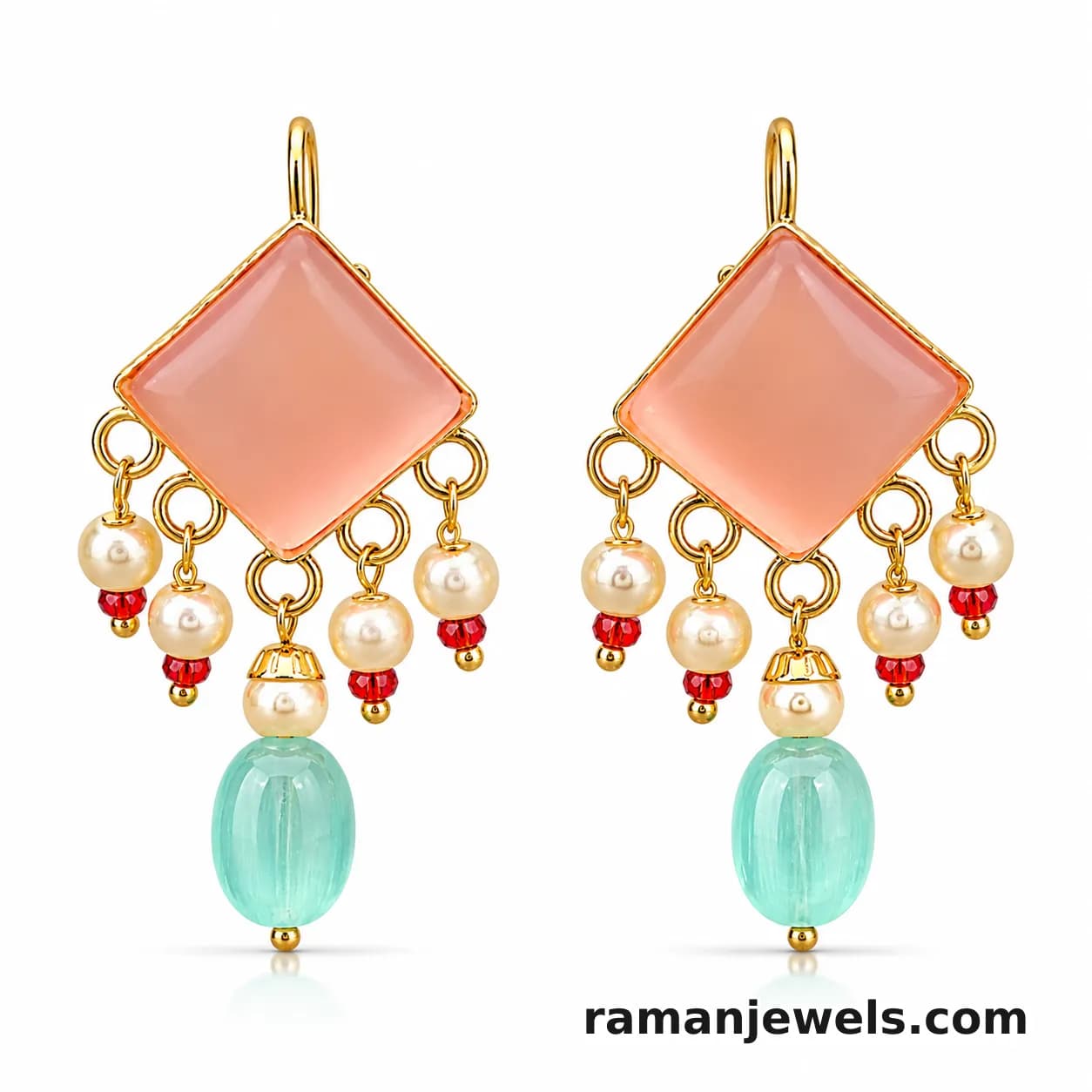 Gold-Plated Drop Earringssoft Peach Geometric Stone At The Top, Delicate Pearl Charms Accented With Sparkling Red Crystal Beads, And A Stunning Aqua-Green Drop Bead,