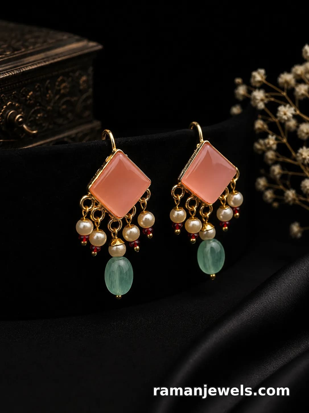 Gold-Plated Drop Earringssoft Peach Geometric Stone At The Top, Delicate Pearl Charms Accented With Sparkling Red Crystal Beads, And A Stunning Aqua-Green Drop Bead, alternate view