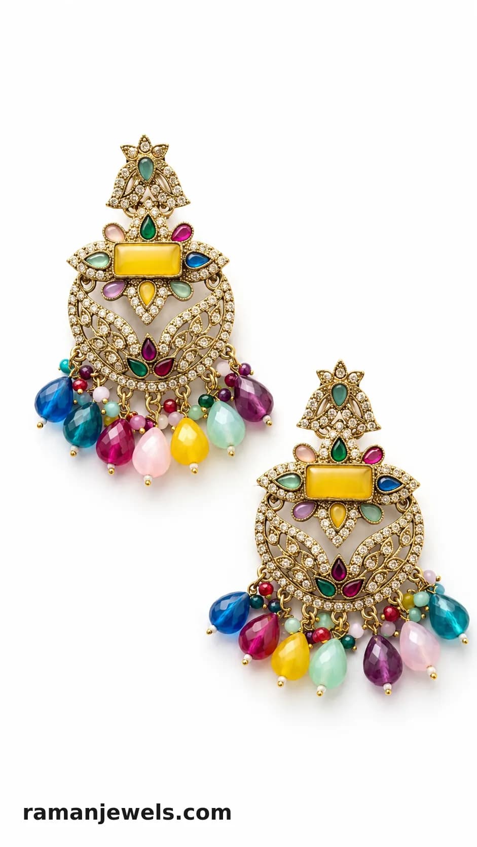 Multicolor Kundan Chandbali Earrings With Crystal Beads