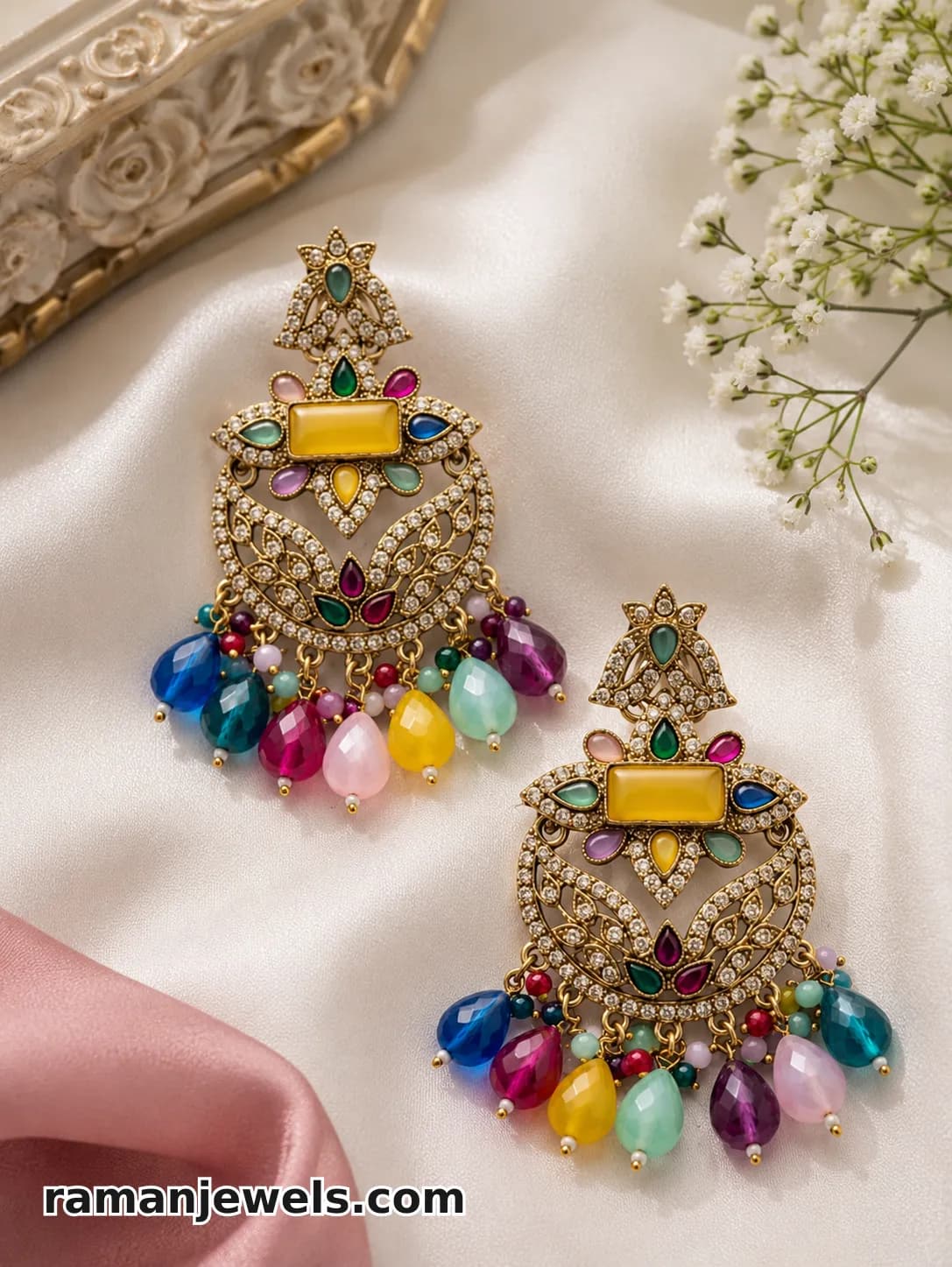 Multicolor Kundan Chandbali Earrings With Crystal Beads alternate view