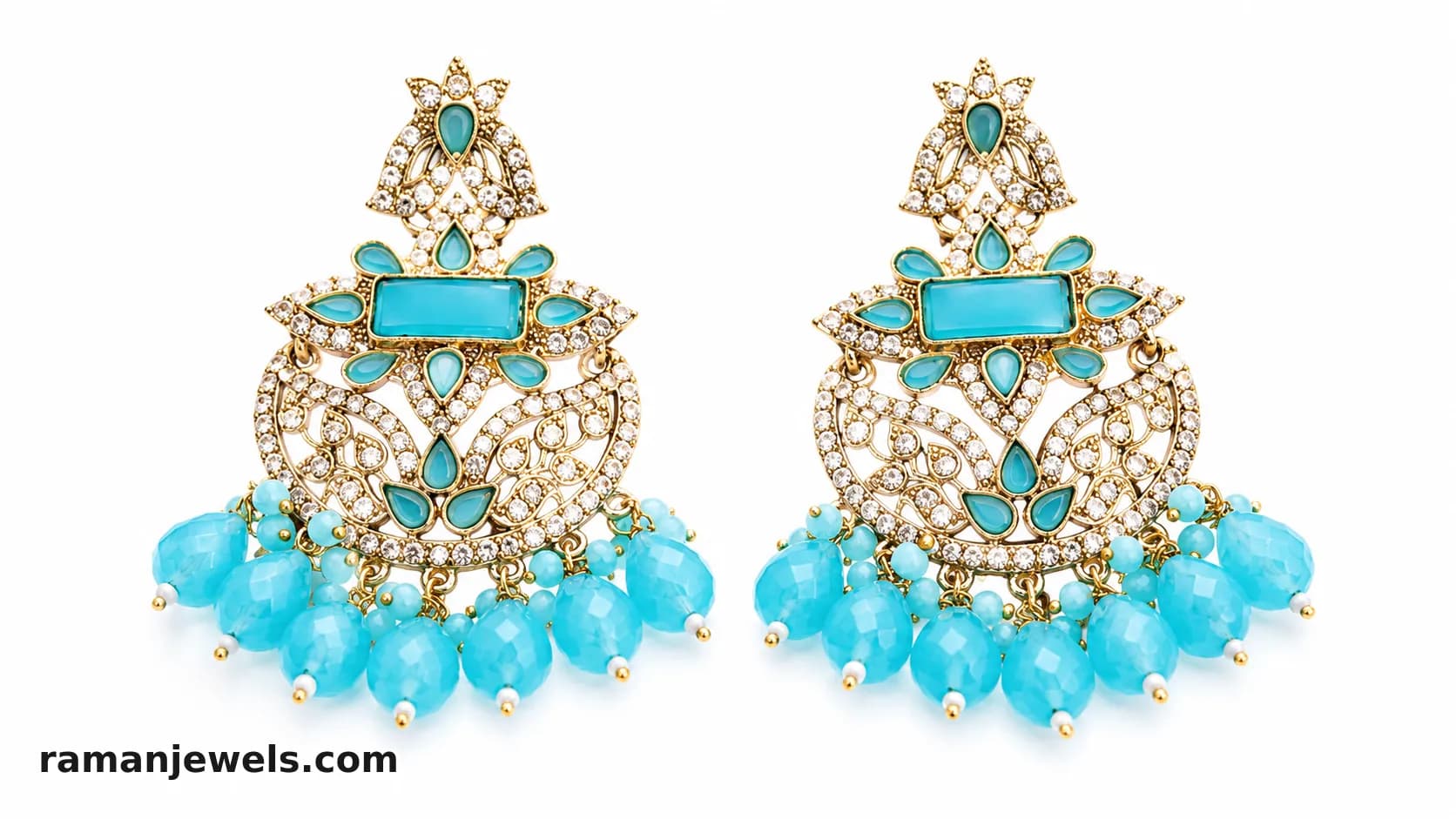 Turquoise Kundan Chandbali Earrings With Crystal Bead Drops alternate view