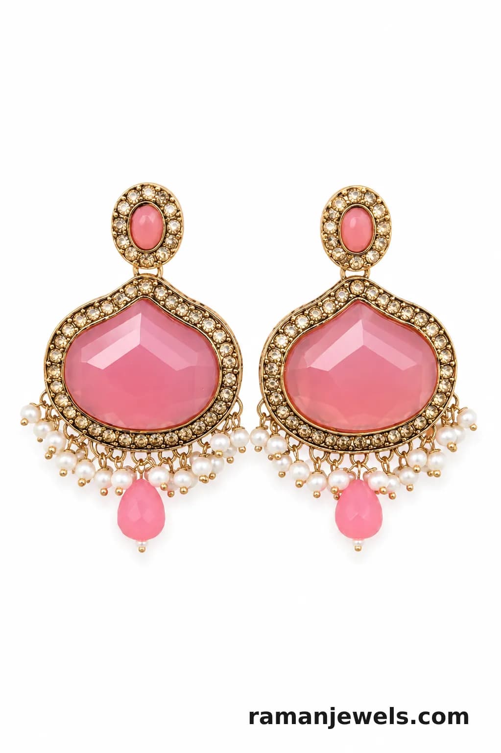 Pink Stone Chandbali Earrings With Pearl Drops
