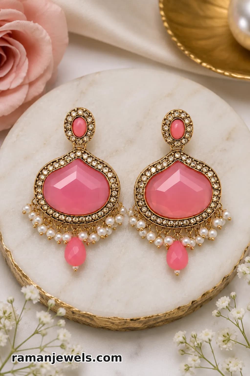 Pink Stone Chandbali Earrings With Pearl Drops alternate view