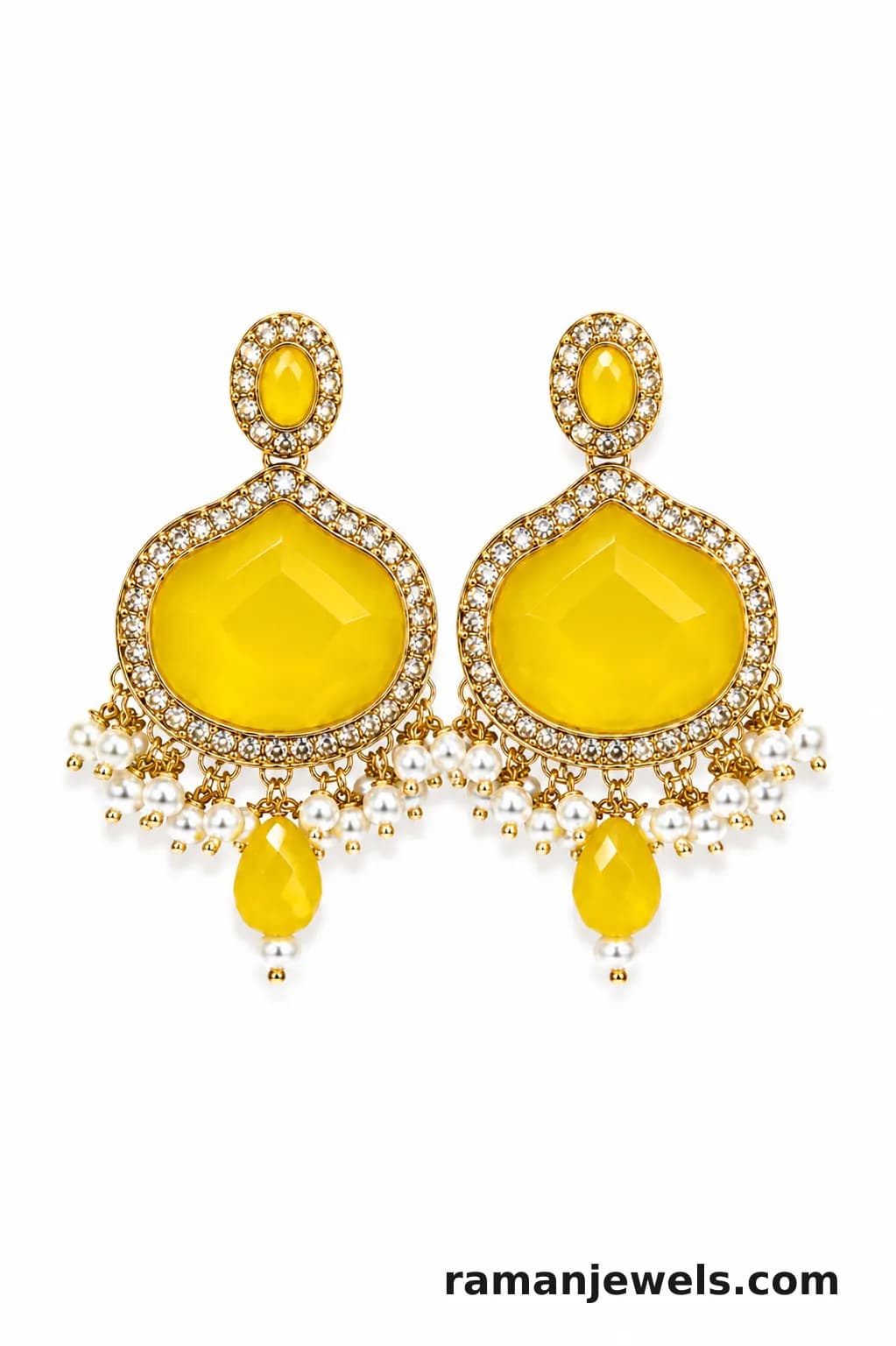 Yellow Stone Chandbali Earrings With Pearl Drops