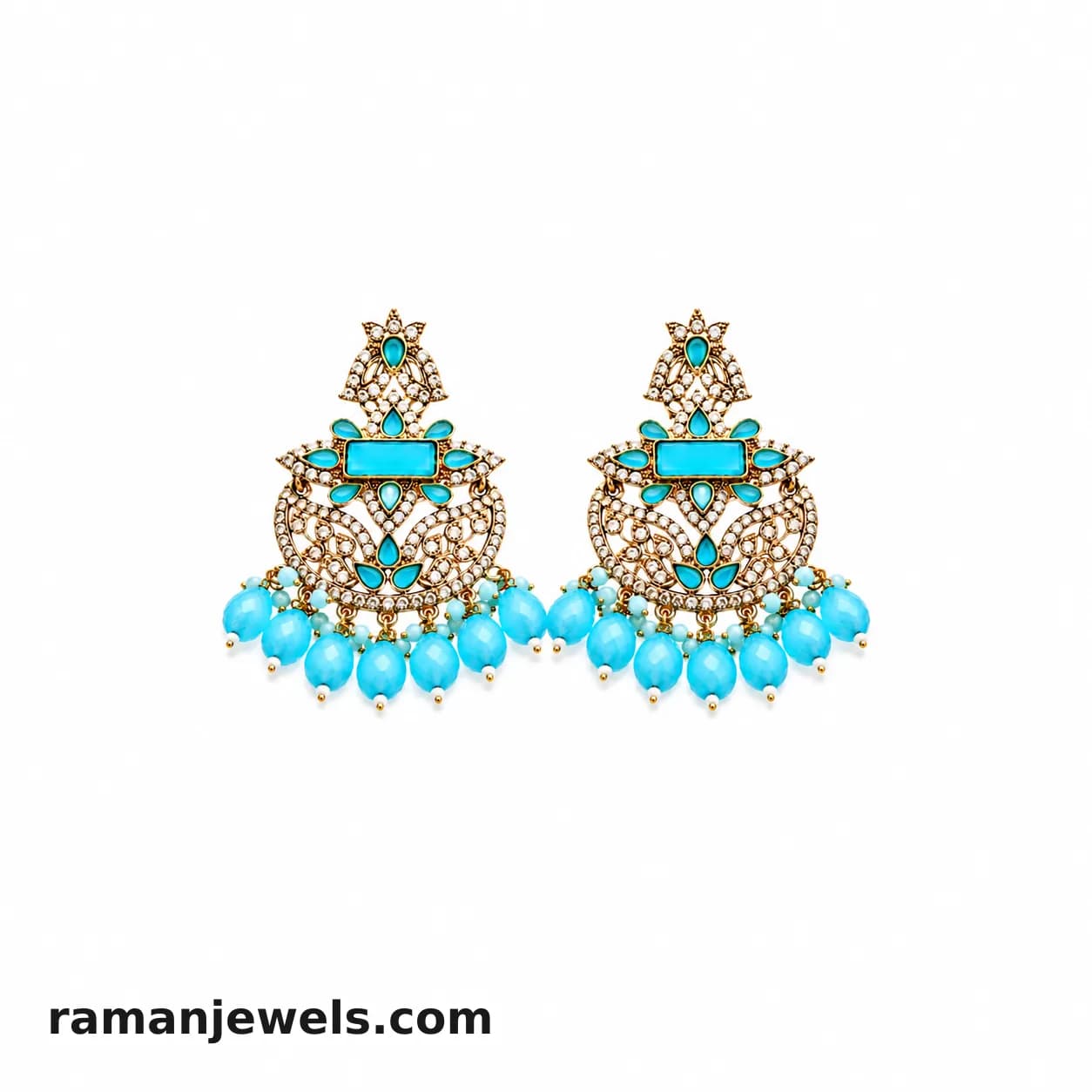Turquoise Kundan Chandbali Earrings With Crystal Bead Drops