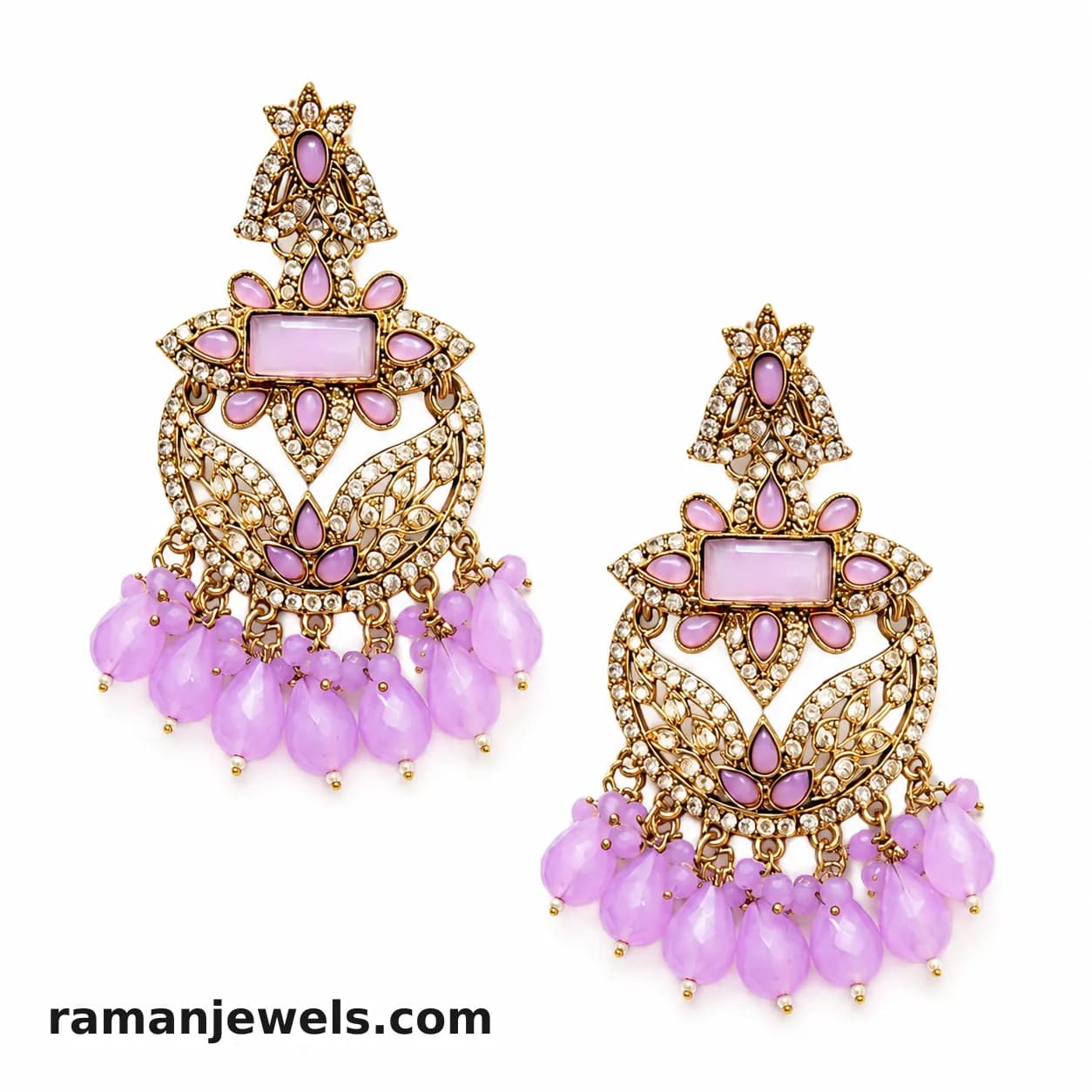 Pink Kundan Chandbali Earrings With Crystal Bead Drops