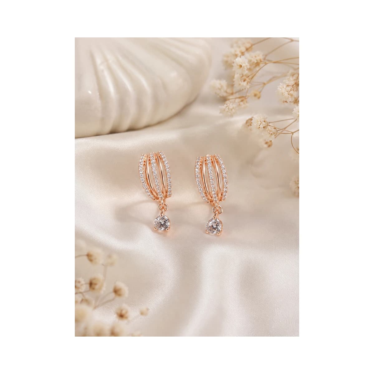 Elegant Rose Gold Cz Drop Hoop Earrings For Women