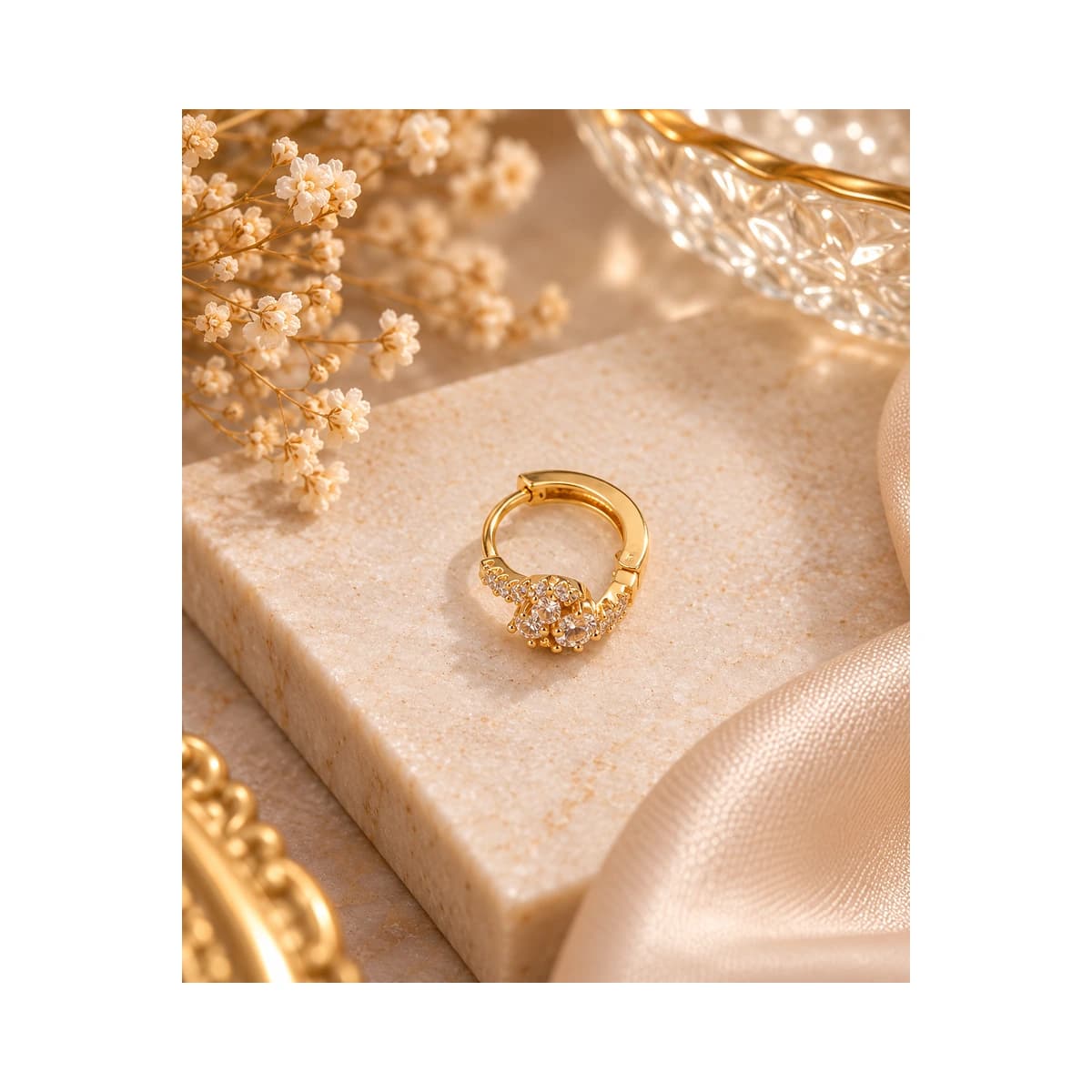 Elegant Rose Gold Cz Hoop Earrings With Floral-Inspired Design alternate view