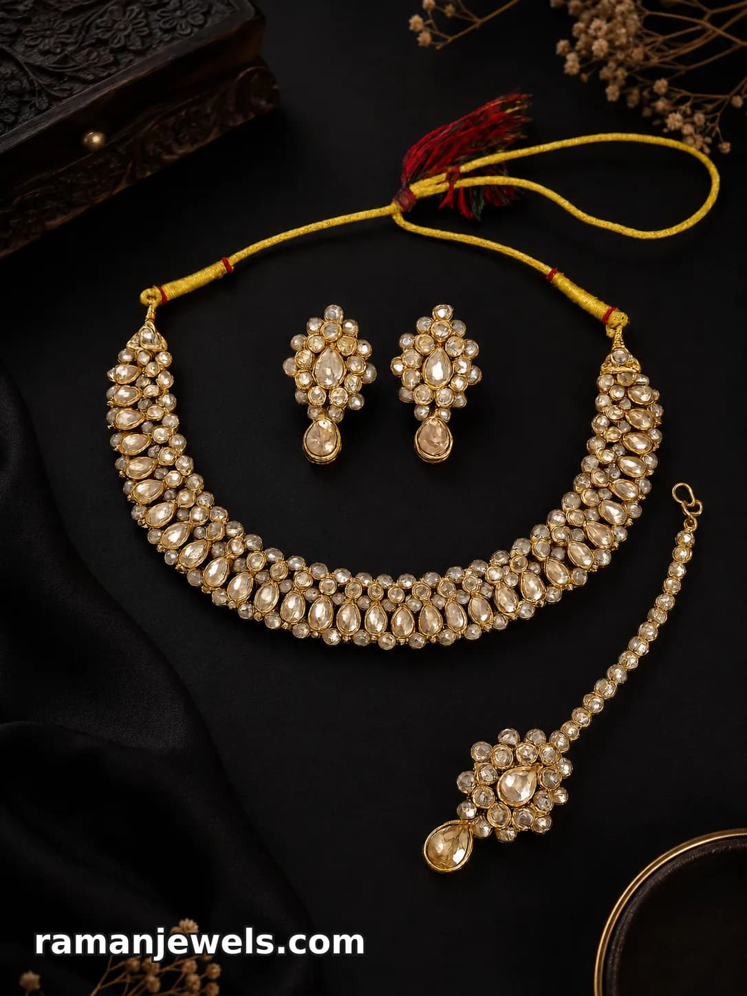 Kundan Choker Jewellery Set, Beautifully Crafted With Shimmering Teardrop-Shaped Kundan Stones And A Luxurious Antique Gold-Plated Finish alternate