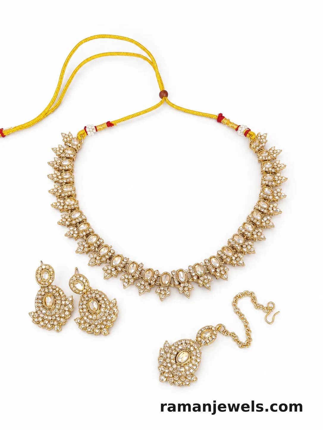 Kundan Necklace Set, Crafted With Intricate Floral Detailing And Finished In A Rich Antique Gold Polish