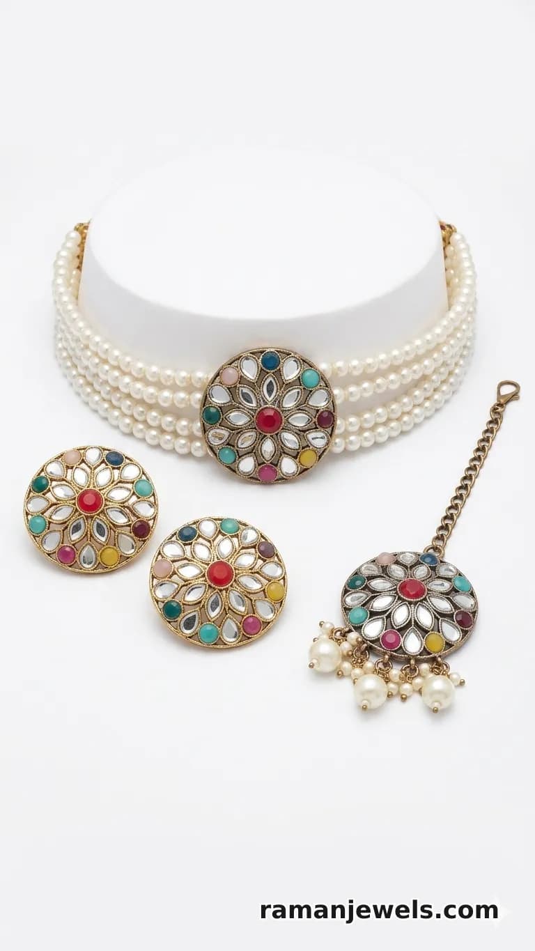 Multicolor Pearl Choker Necklace Set With Kundan Floral Design