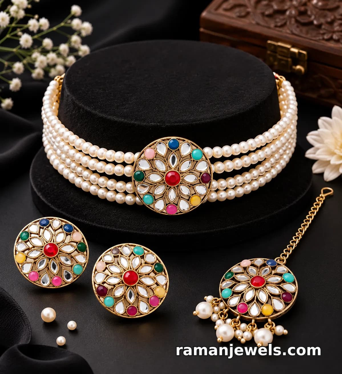 Multicolor Pearl Choker Necklace Set With Kundan Floral Design alternate view