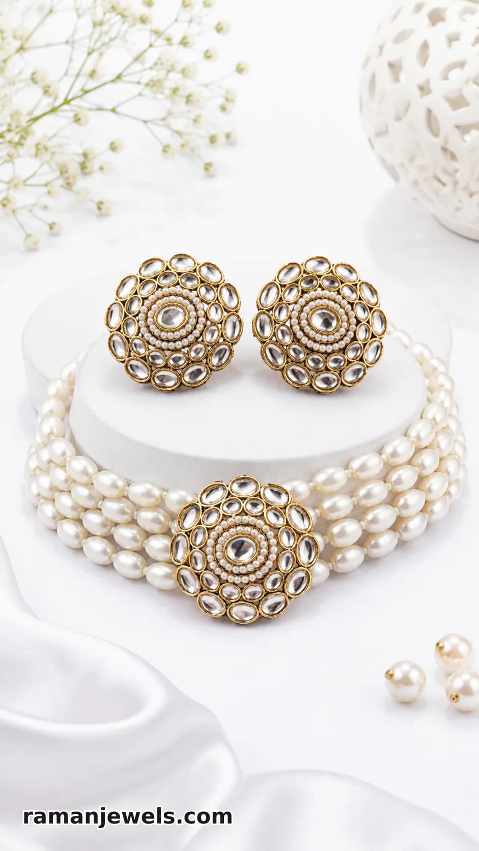 Elegant Pearl Choker Necklace Set With Kundan Floral Design