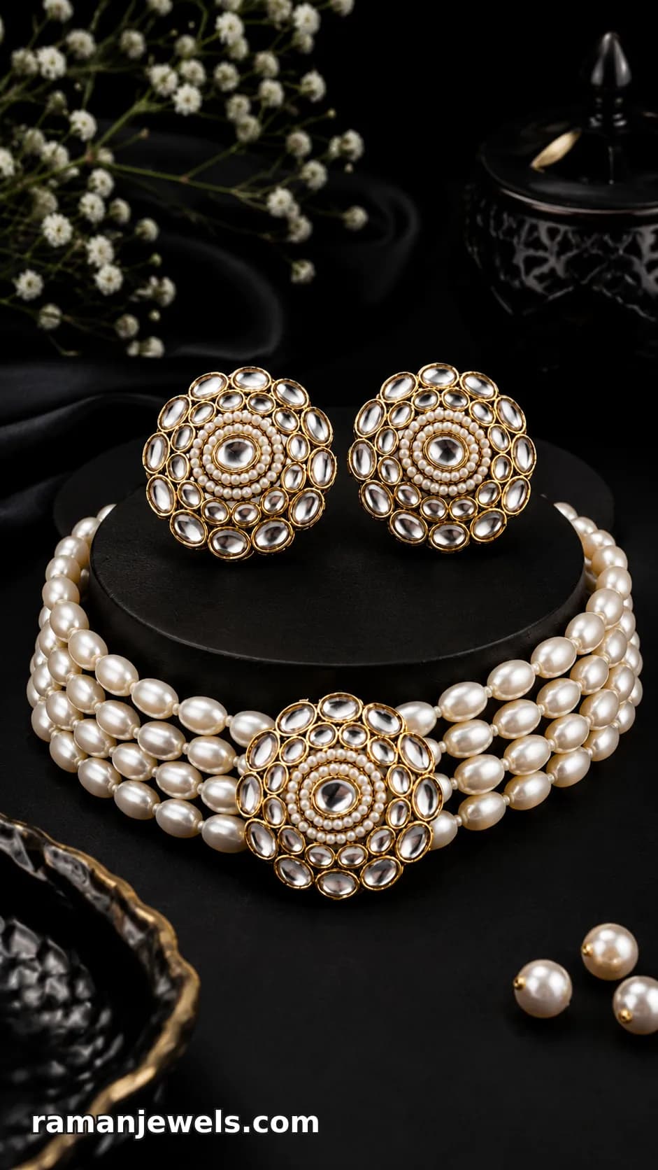 Elegant Pearl Choker Necklace Set With Kundan Floral Design alternate view