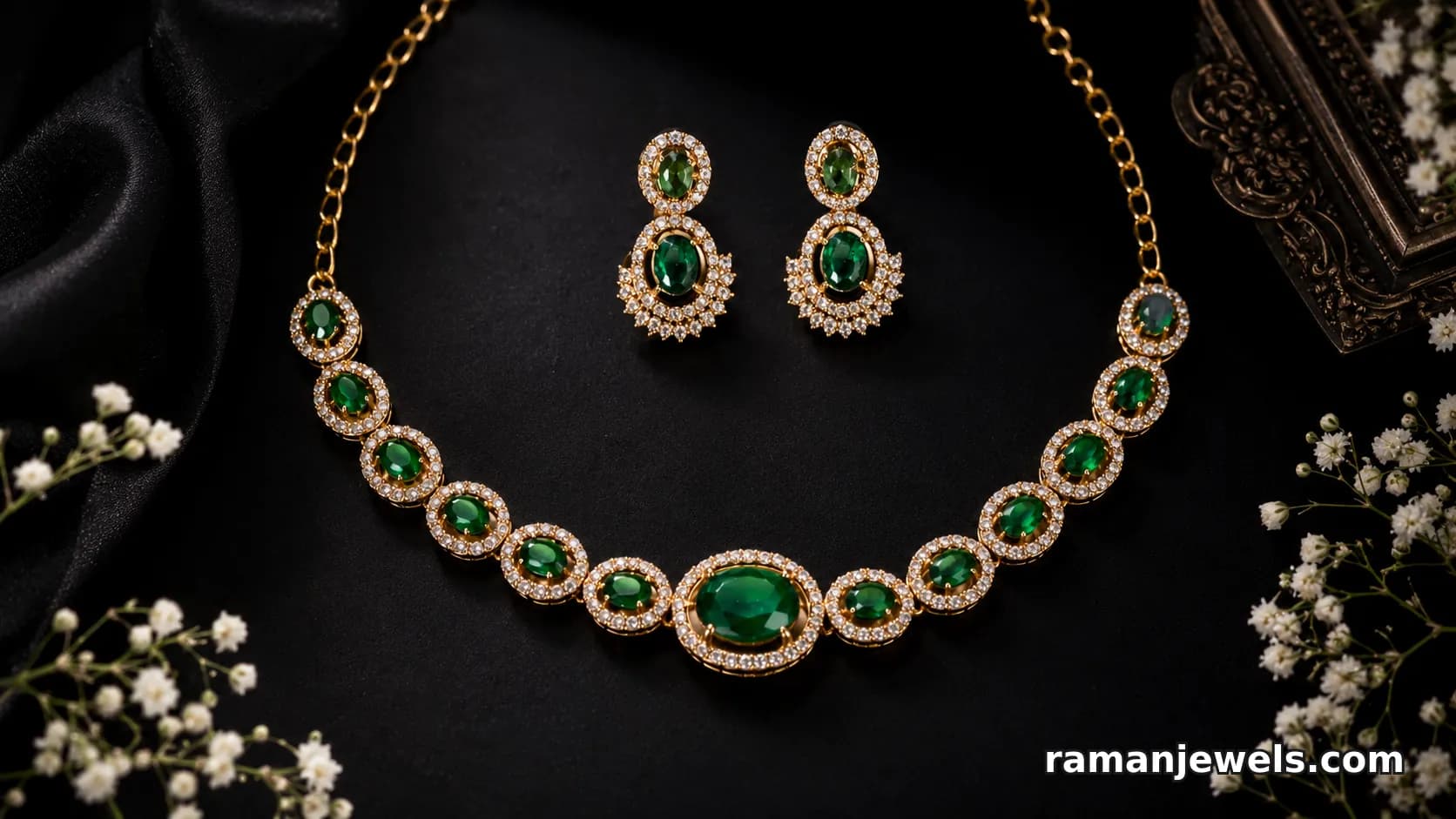 Emerald Green Stone Necklace & Earrings Set. alternate view