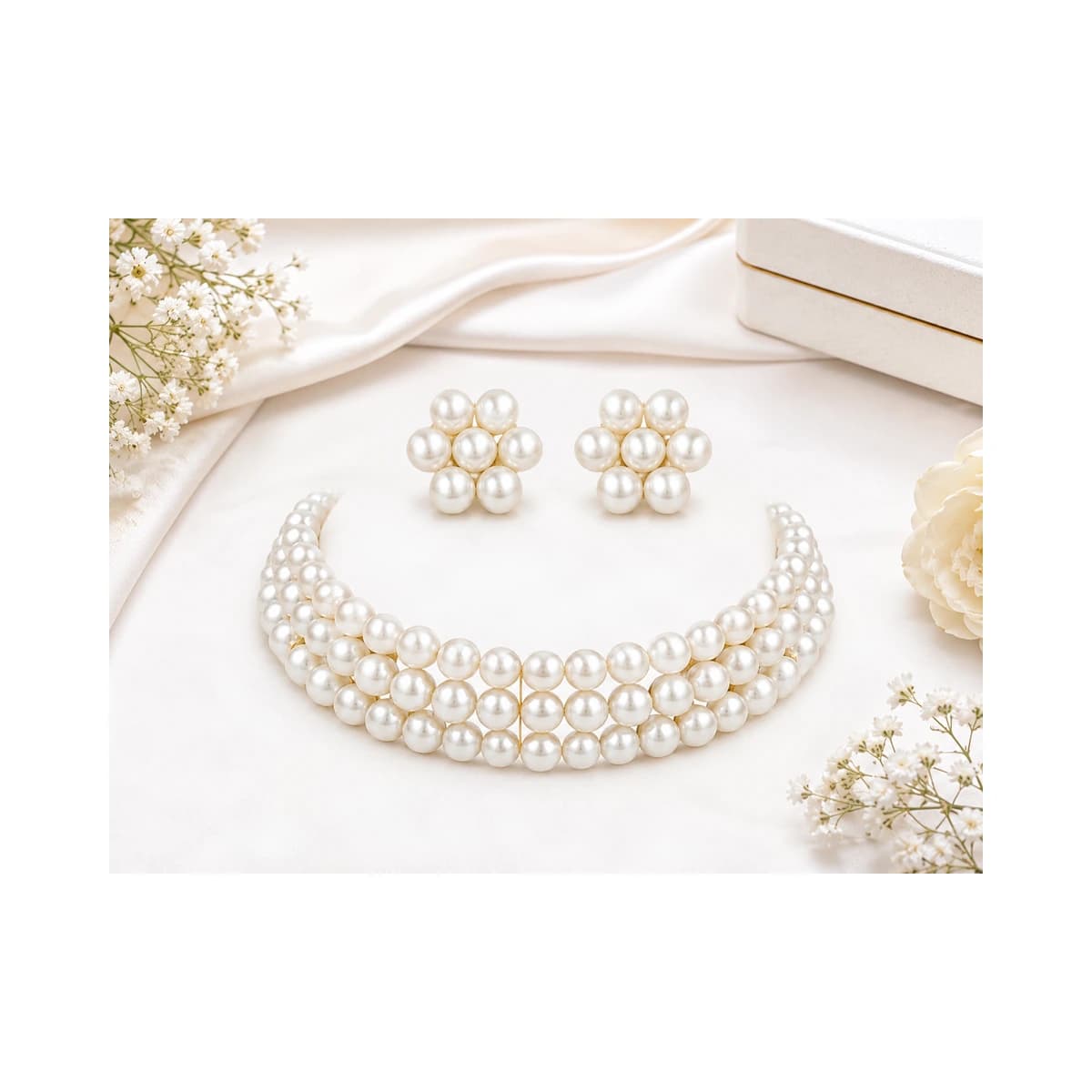 Multi-Layer Pearl Choker Necklace & Earrings Set alternate view