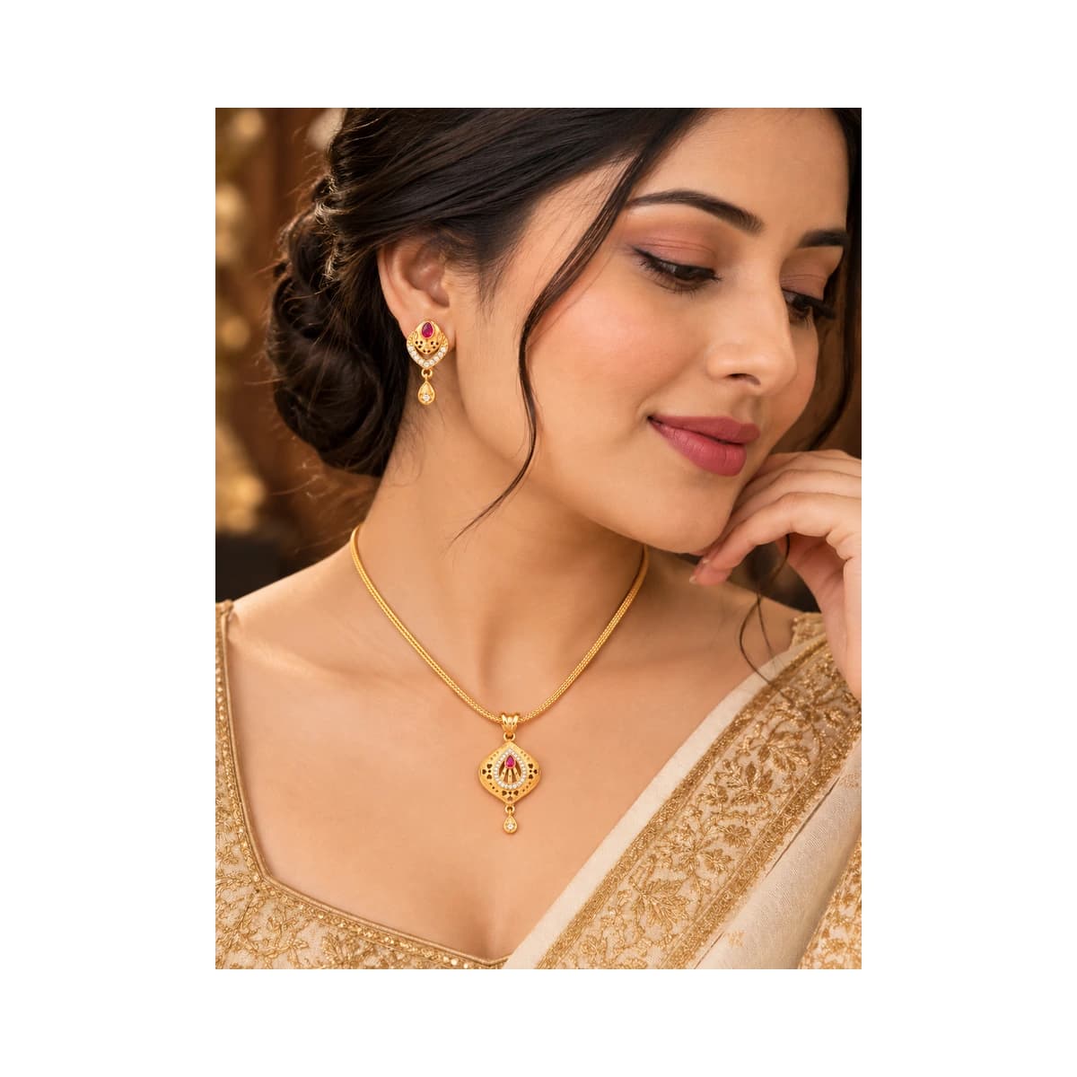 Elegant Gold-Plated Necklace & Matching Earrings Set With Ruby-Colored Stones alternate view