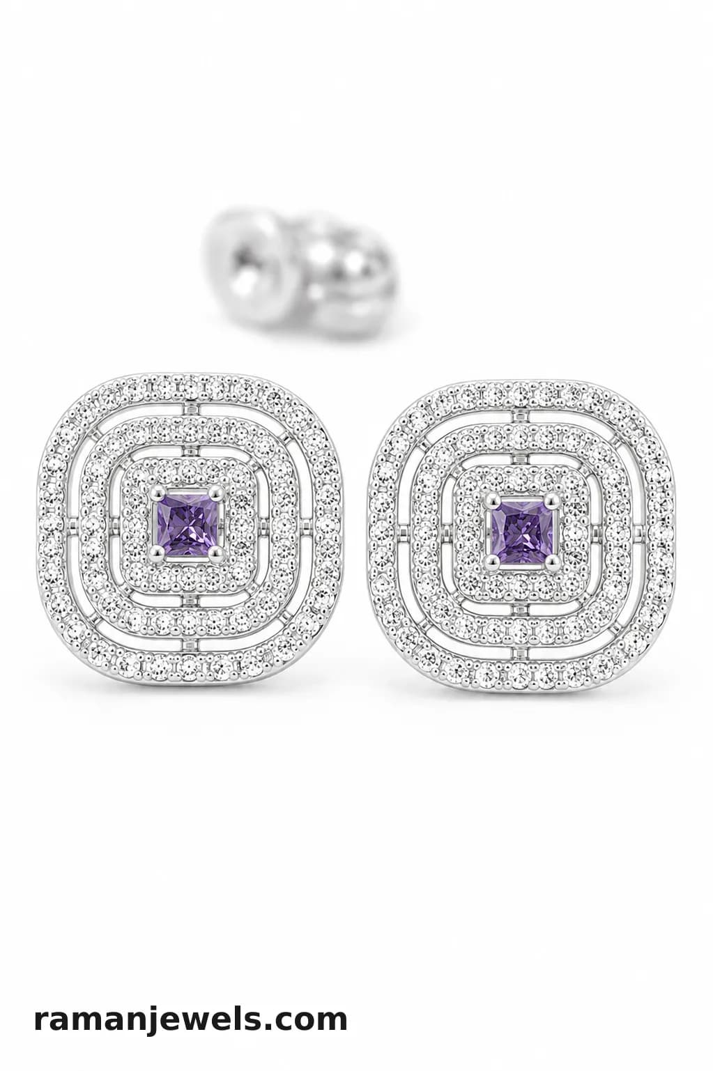 Silver-Plated Geometric Ad Stud Earrings Princess-Cut Purple Cubic Zirconia (Cz) Center Stone
