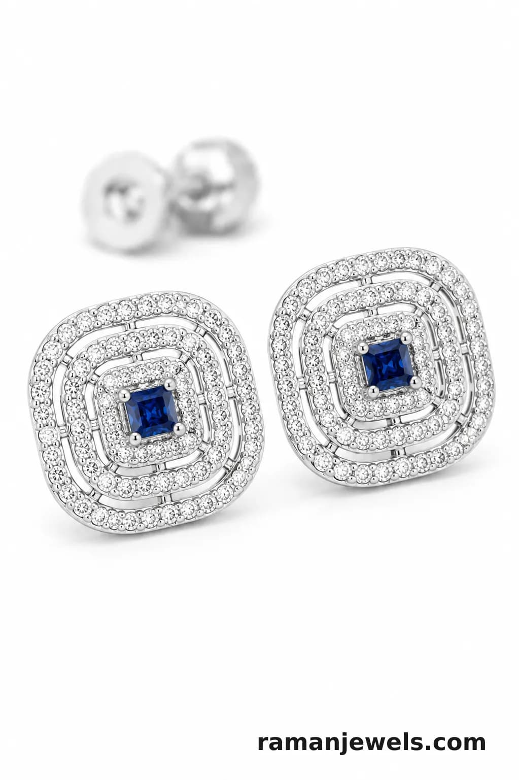 Silver-Plated Geometric Ad Stud Earrings, Royal Blue Cubic Zirconia (Cz) Center Stone