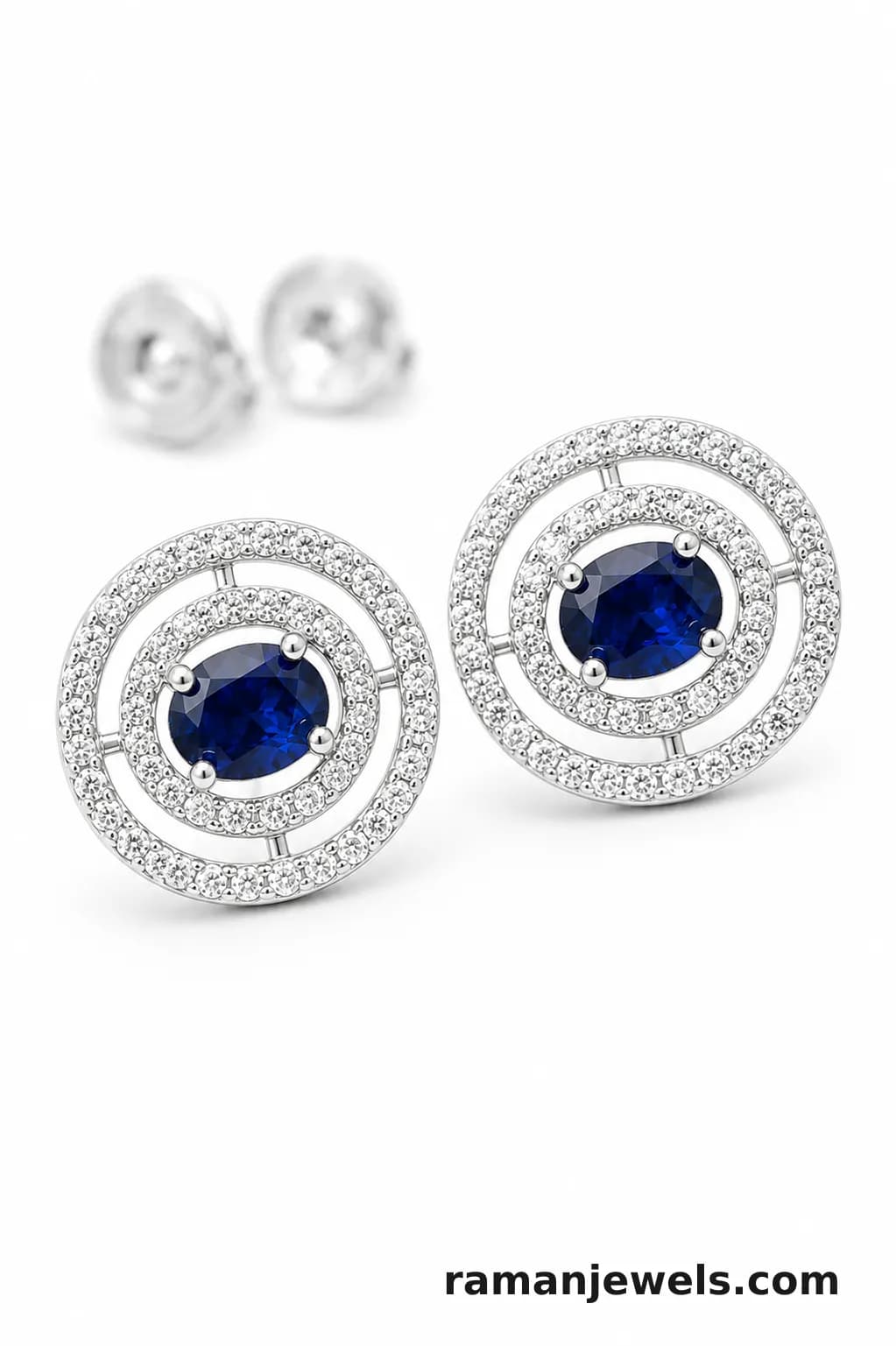 Silver-Plated Round Halo Ad Stud Royal Blue Oval-Cut Cubic Zirconia (Cz) Center Stone