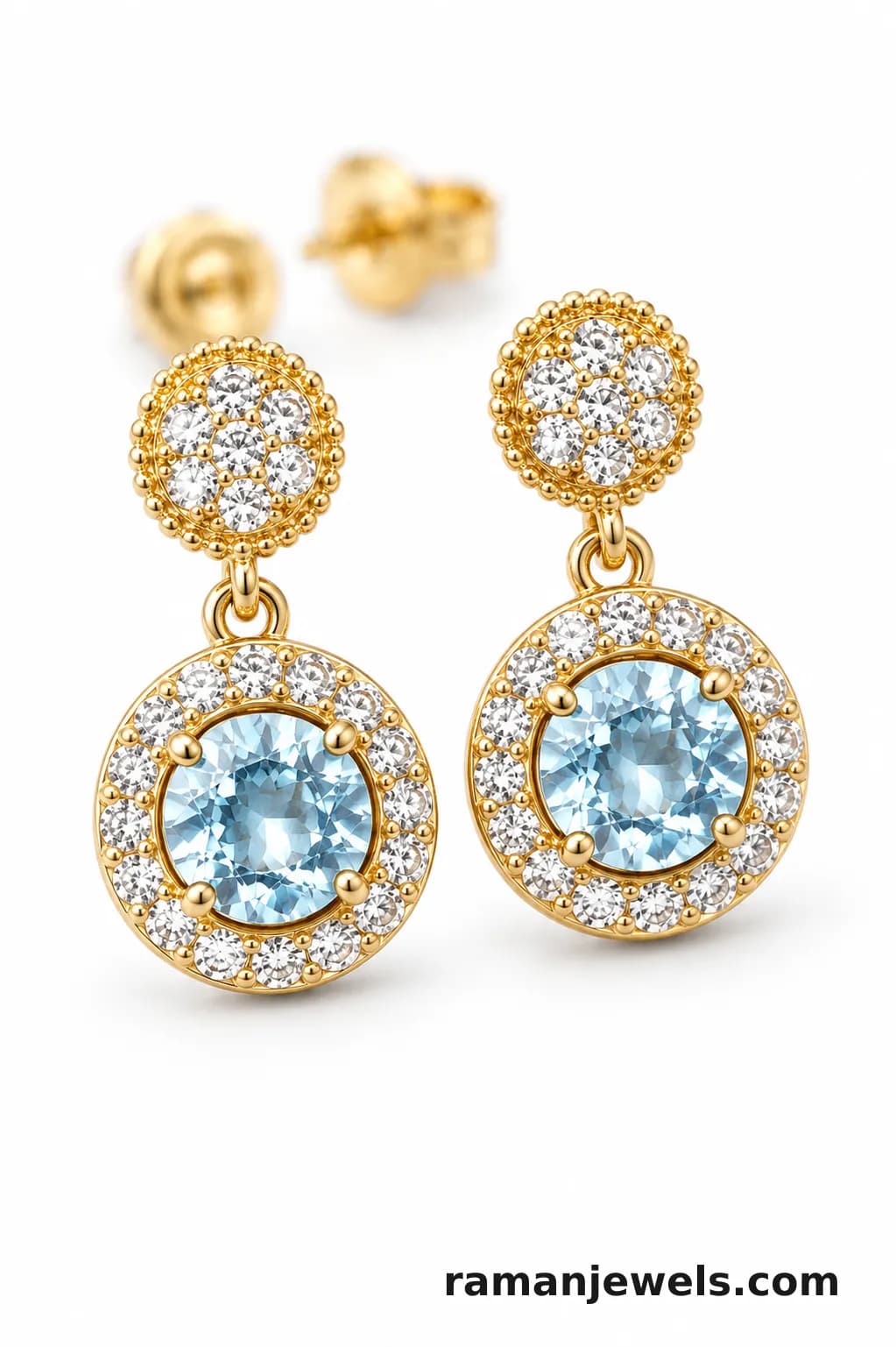 Gold-Plated Drop Earringsdesigned With A Dazzling Sky-Blue Center Stone