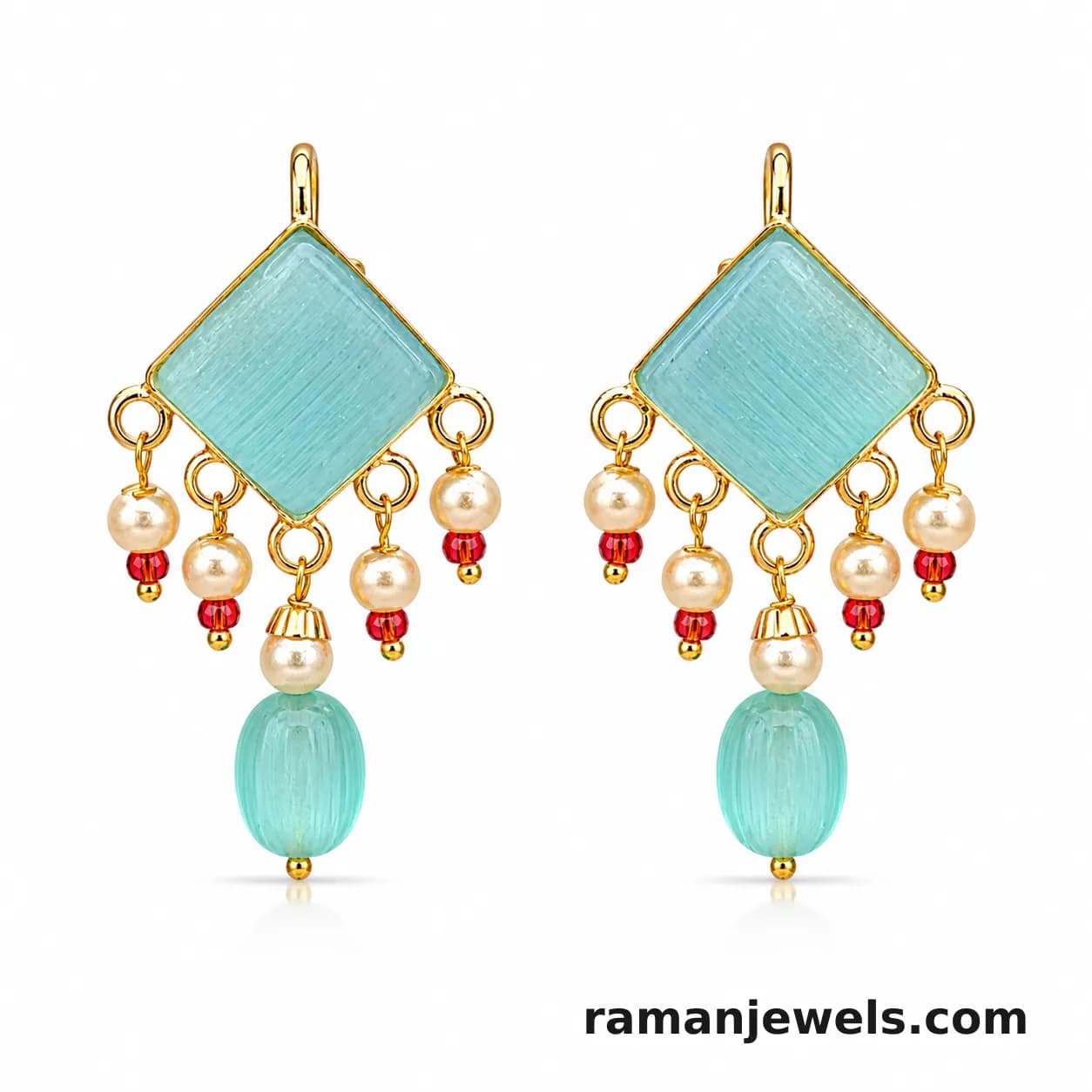 Elegant Gold-Plated Statement Earrings, Beautifully Crafted With A Soft Aqua-Blue Geometric Stone, Delicate Pearl Charms, Sparkling Red Crystal Accents