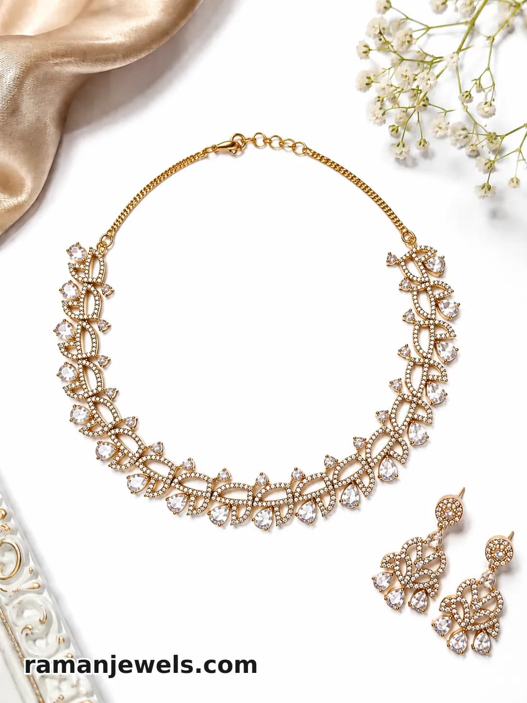 Elegant Gold-Plated Cz Necklace Set With Matching Earrings