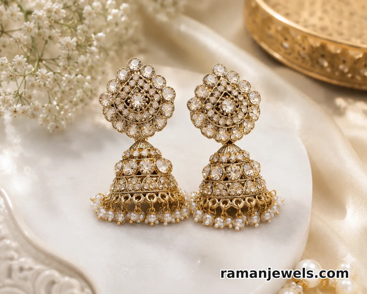 Gold-Plated Jhumka Earrings With Pearl Drops alternate view