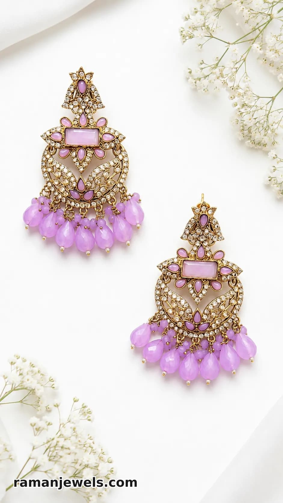 Pink Kundan Chandbali Earrings With Crystal Bead Drops alternate view
