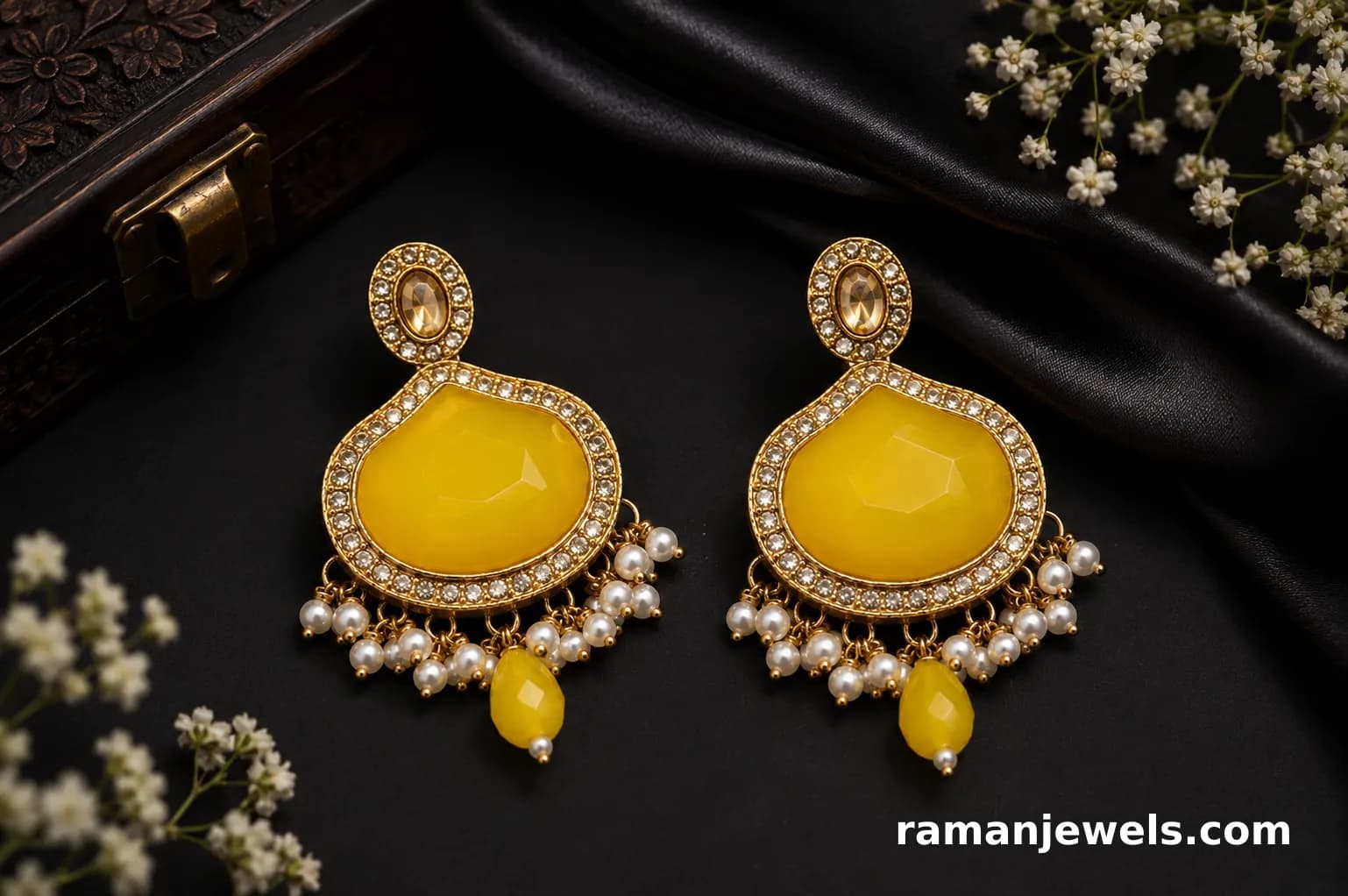 Yellow Stone Chandbali Earrings With Pearl Drops alternate view