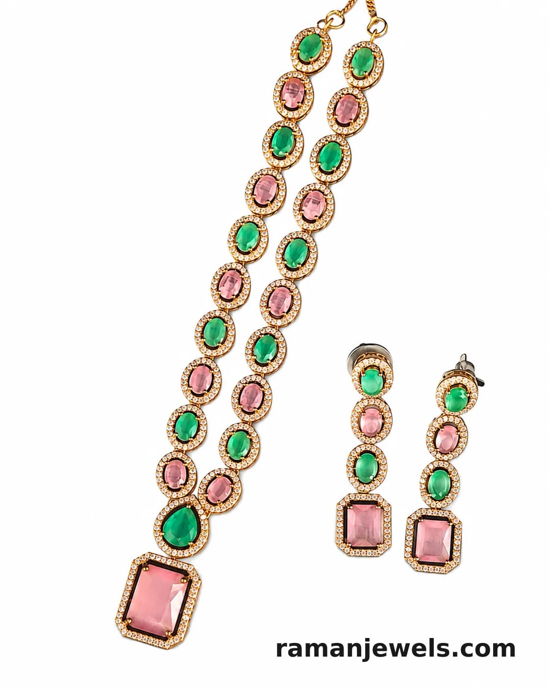 Green & Pink Stone Ad Statement Necklace Set With Matching Drop Earrings | Gold-Plated Party & Wedding Jewellery For Women