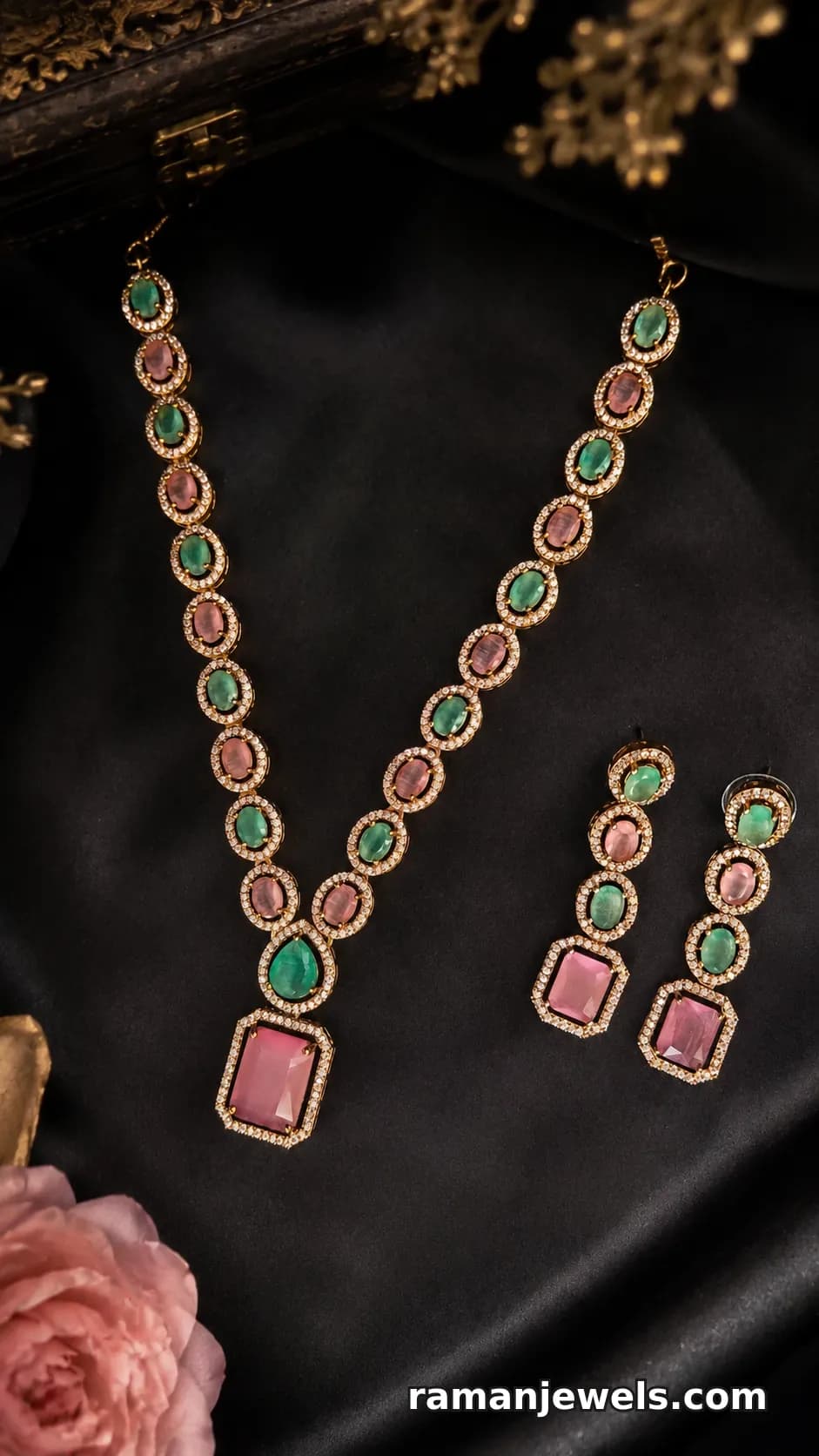 Green & Pink Stone Ad Statement Necklace Set With Matching Drop Earrings | Gold-Plated Party & Wedding Jewellery For Women alternate view