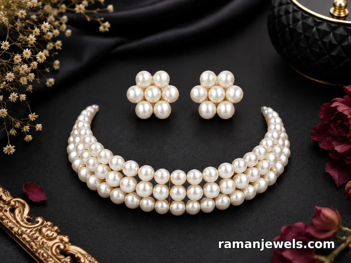 Multi-Layer Pearl Choker Necklace & Earrings Set alternate