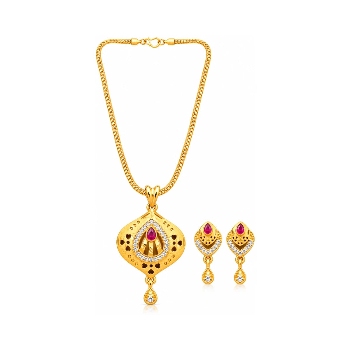 Elegant Gold-Plated Necklace & Matching Earrings Set With Ruby-Colored Stones