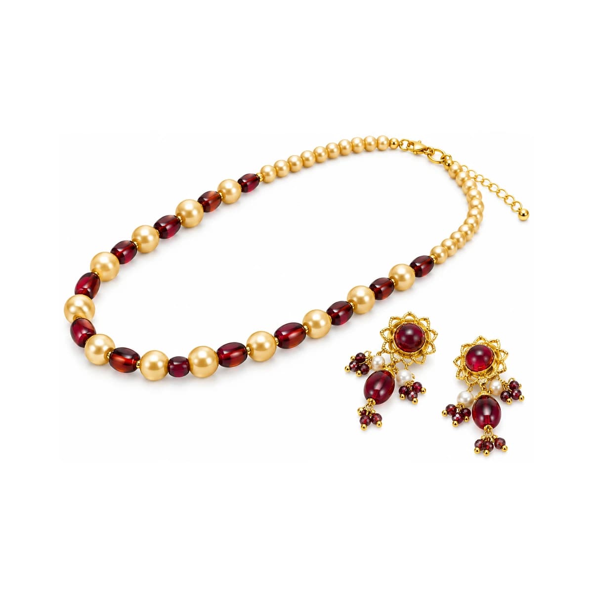 Elegant Garnet Red And Pearl Gold-Plated Jewelry Set For Women