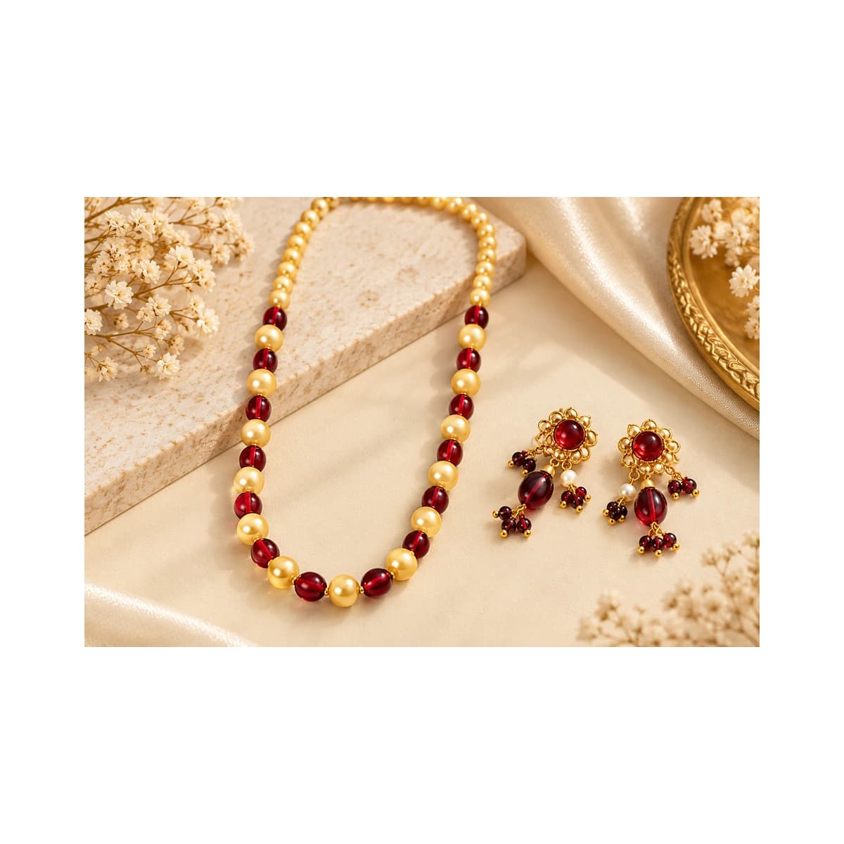 Elegant Garnet Red And Pearl Gold-Plated Jewelry Set For Women alternate view