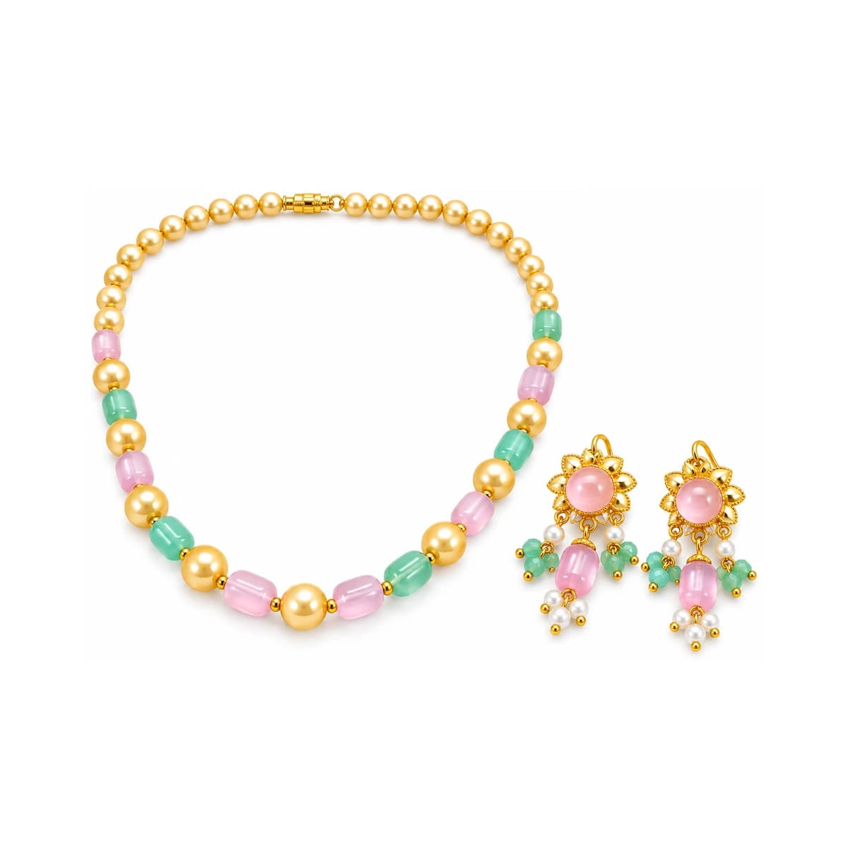 Pastel Pink, Mint Green & Golden Pearl Jewelry Set For Women