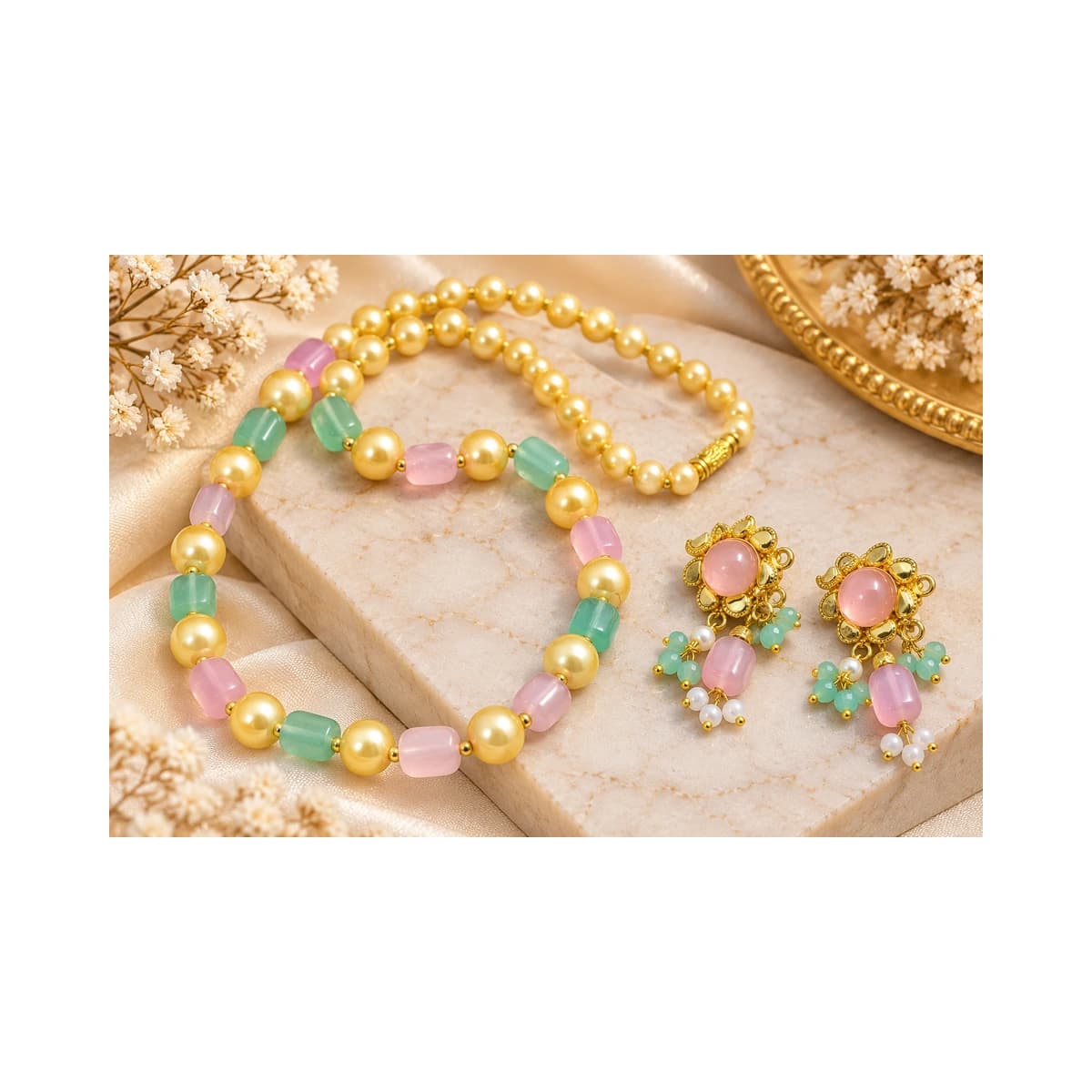 Pastel Pink, Mint Green & Golden Pearl Jewelry Set For Women alternate view