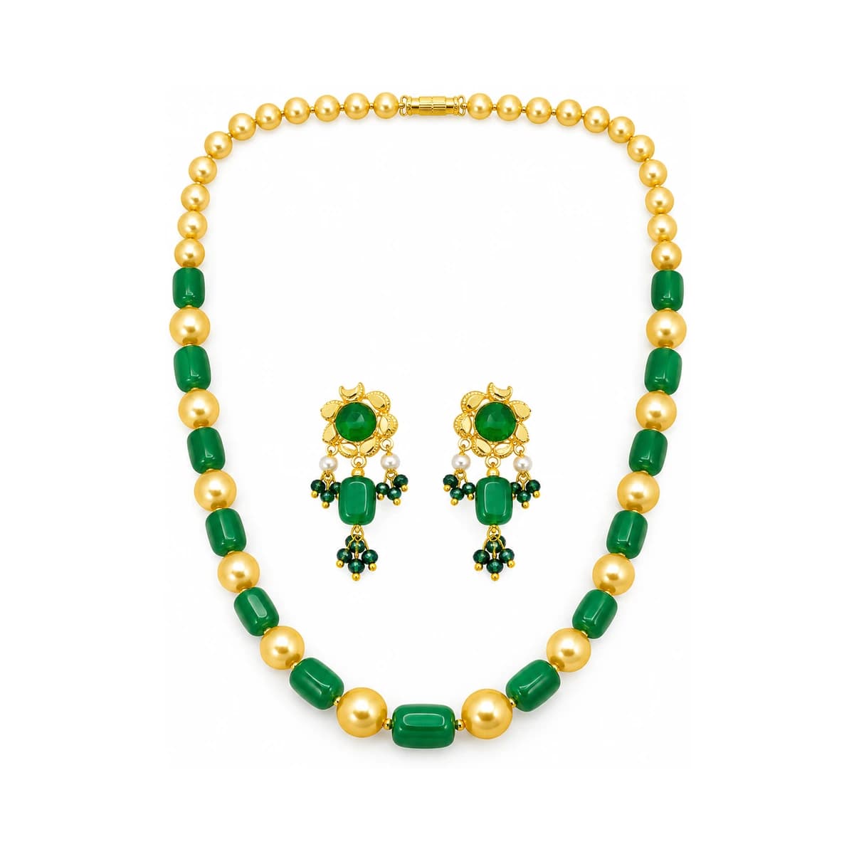 Emerald Green And Golden Pearl Beaded Necklace Set For Women