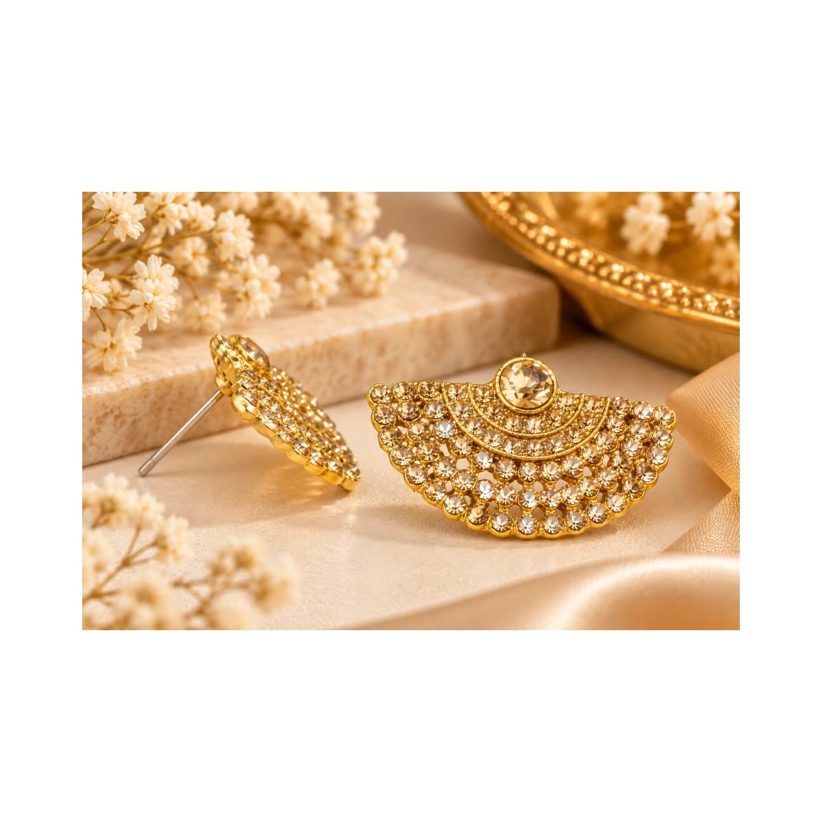 Gold-Tone Crystal Embellished Fan-Shaped Earrings For Women alternate view